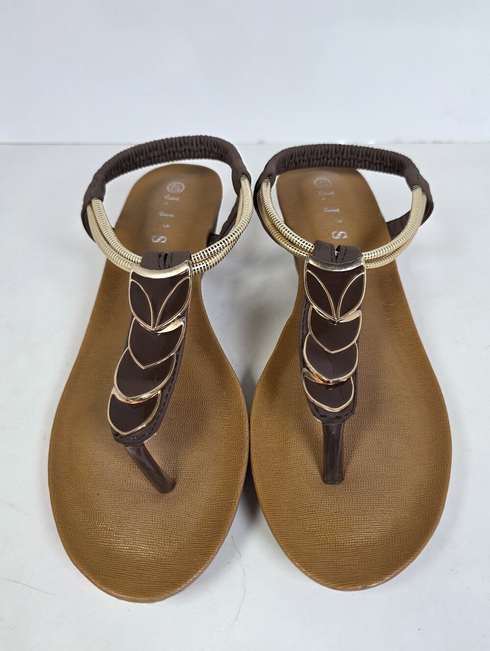 J.J's Gold Brown Leaf Elastic Band T-Strap Sandals